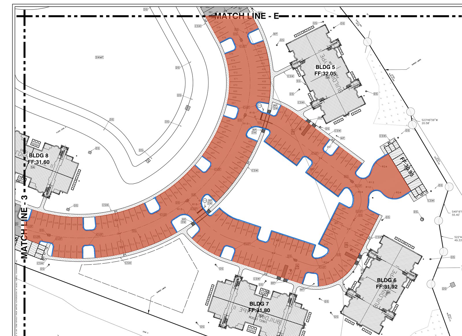 Site layout plan with the asphalt drive aisles and parking filled in orange and every curb and gutter edge traced in blue