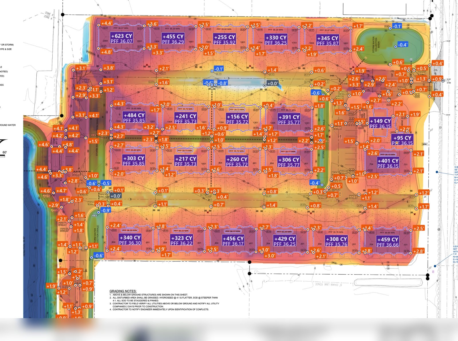 Cut and fill heat map on the grading plan, with every spot grade and the cubic yards on each building pad