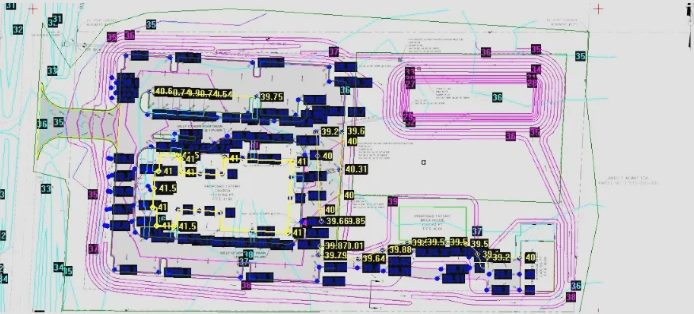 WinEx earthwork takeoff example with contour linework and elevation labels over a site plan