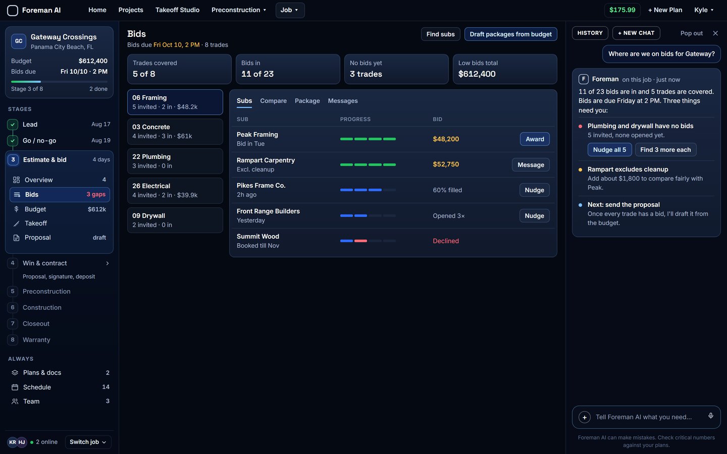 The job page on a computer with the stages on the left, Bids in the middle and the Foreman chat on the right