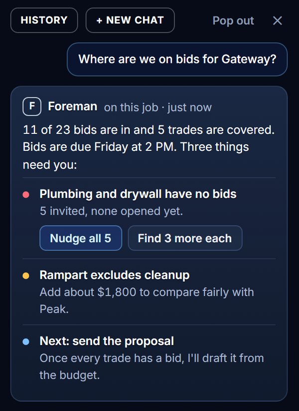 Foreman's answer listing what needs you on a job, with Nudge all and Find more buttons