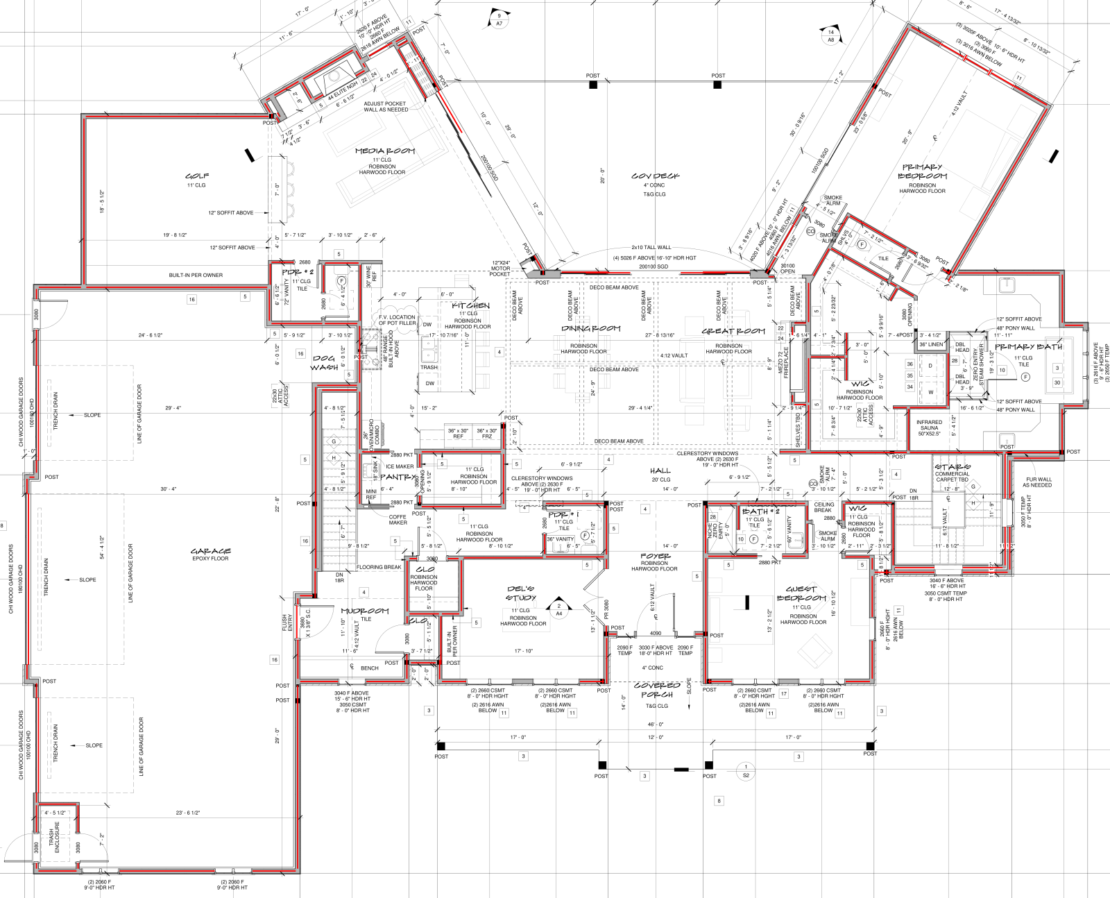 AI wall trace overlaid in red on a dense residential floor plan, staying on the wall network across the main body and both rotated wings while ignoring dimensions, symbols, and the title block.